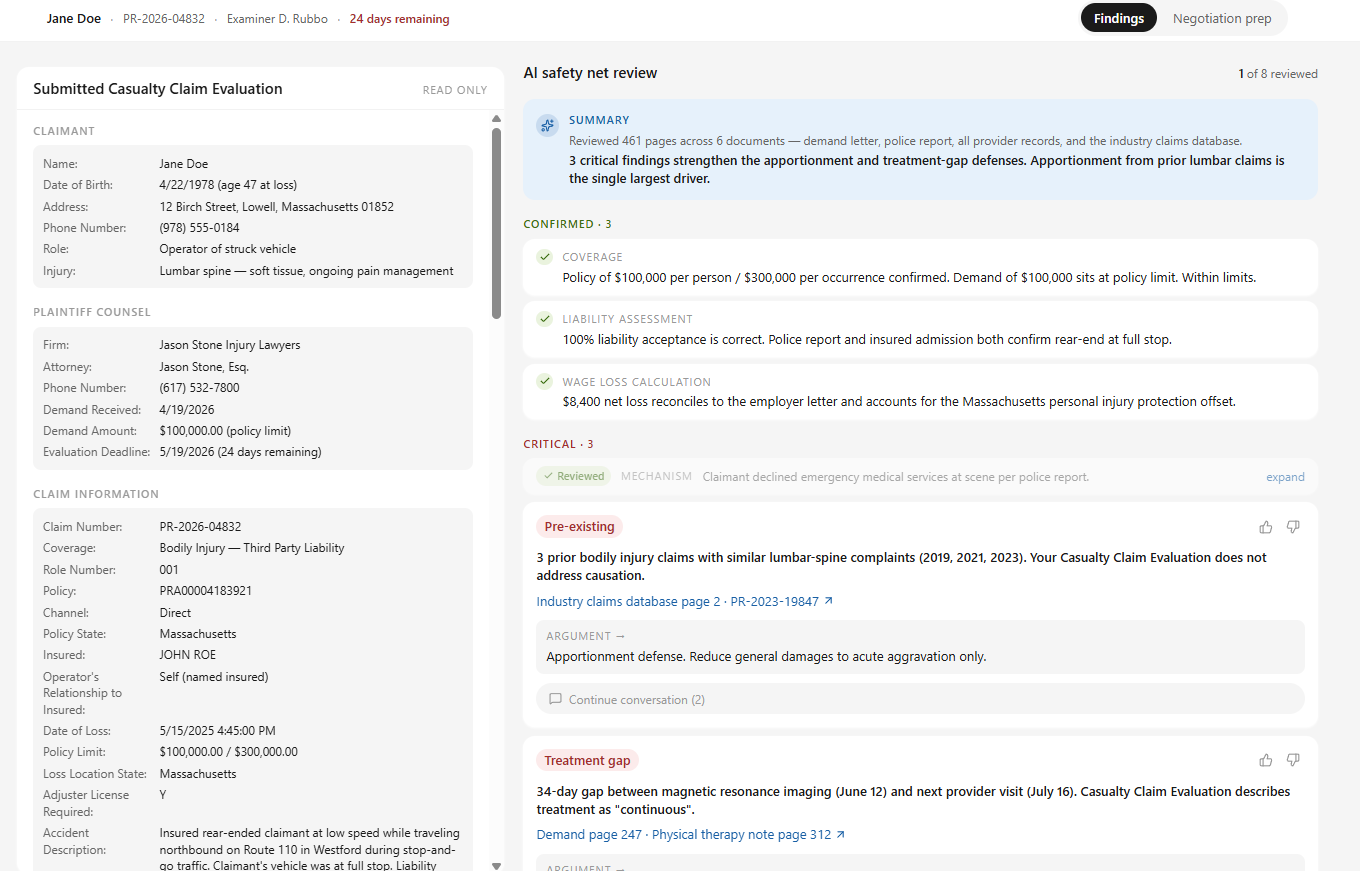 Lyncea Findings view, showing the submitted Casualty Claim Evaluation alongside the AI safety net review with confirmed items and critical findings cited to source pages.